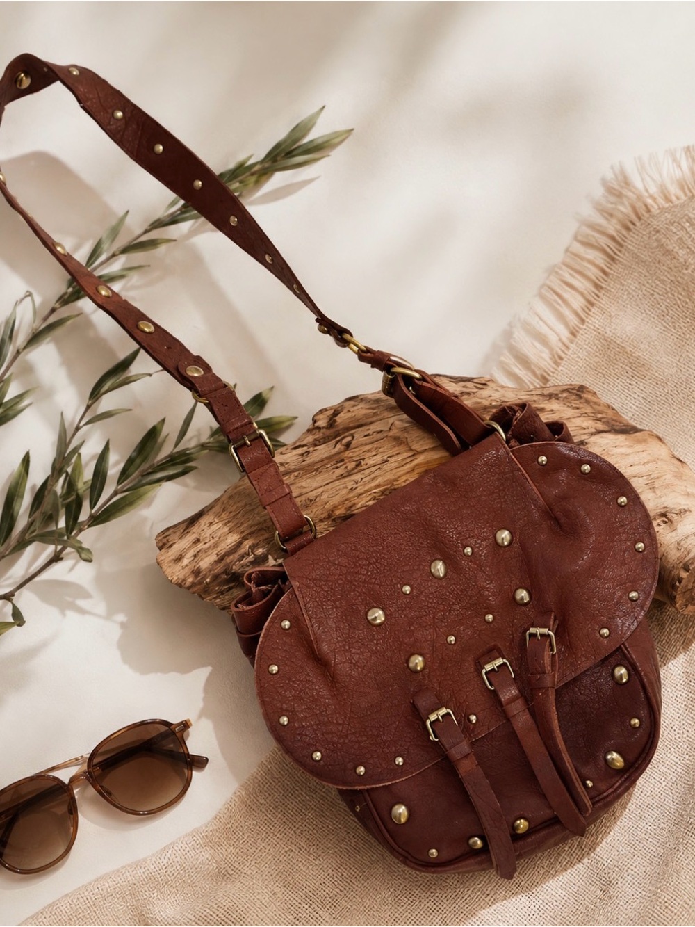 Lucky Brand Leather Studded Crossbody Bag Brown Western Boho